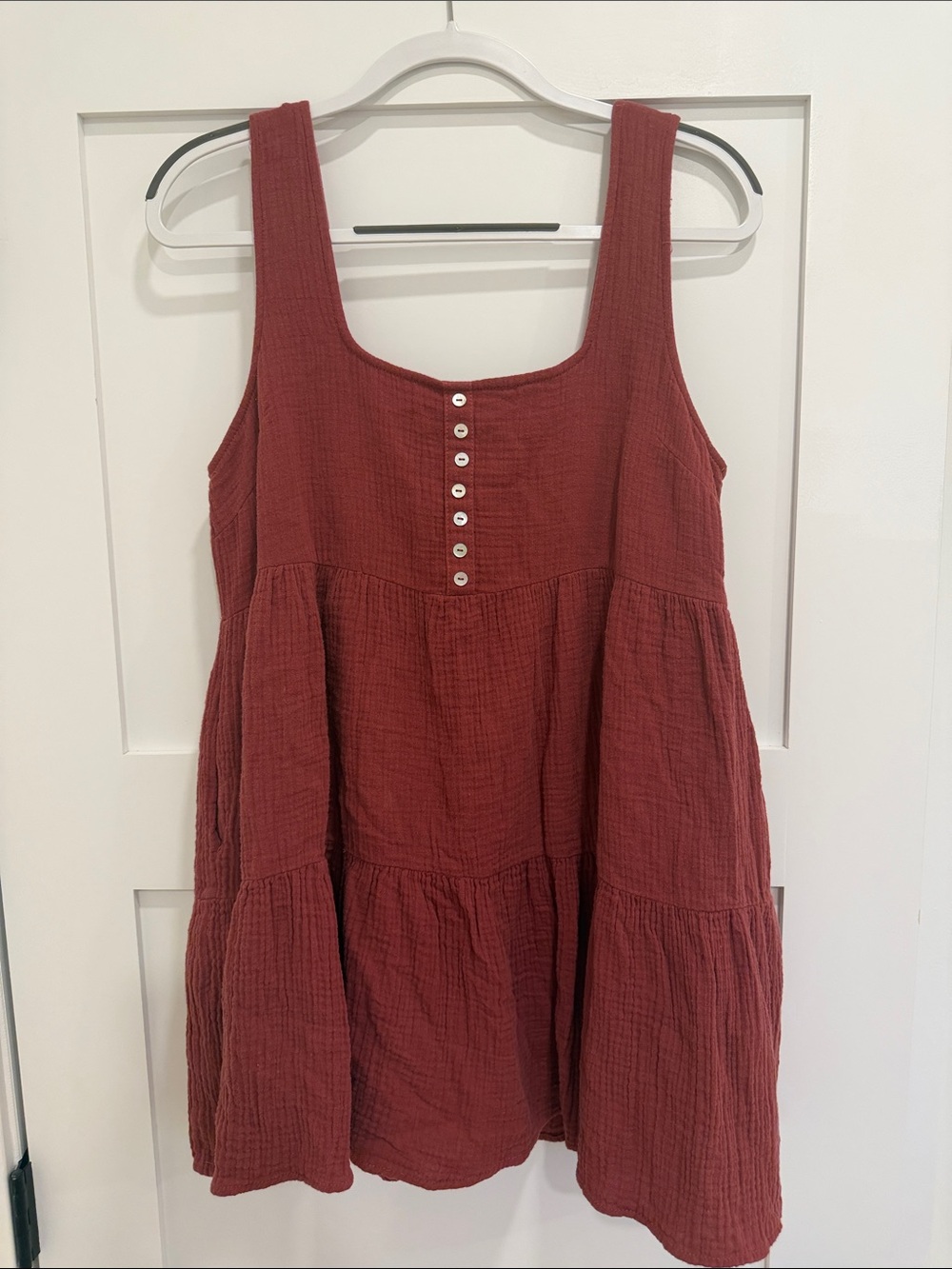 Urban Outfitters Rust Double Gauze Tiered Mini Dress Pockets Cotton Size M